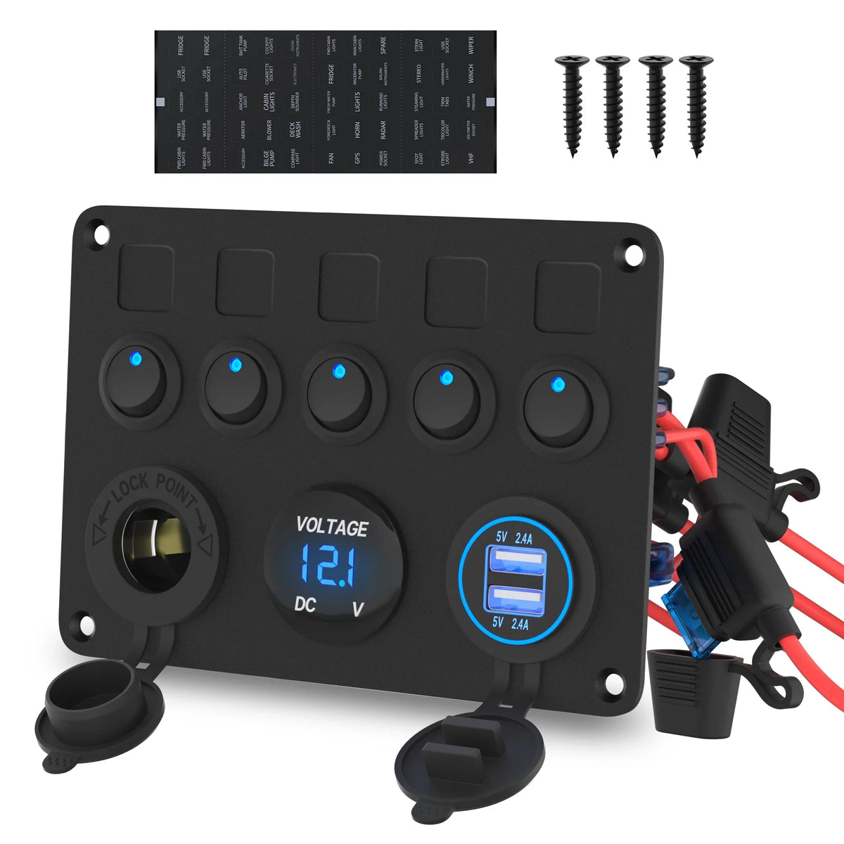 5-gang switch panel with USB ports and voltmeter