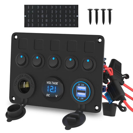 5-gang switch panel with USB ports and voltmeter
