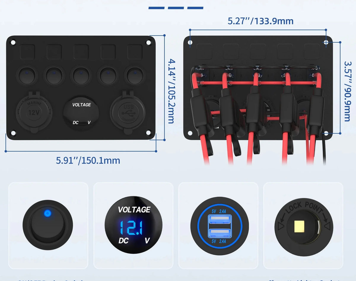 5-gang switch panel with USB ports and voltmeter