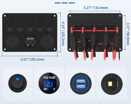 5-gang switch panel with USB ports and voltmeter