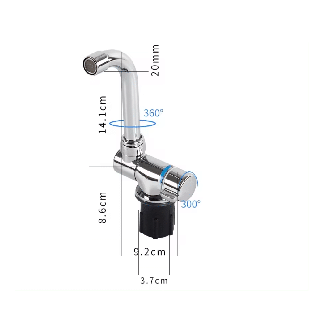 Folding stainless steel tap, dimensions and 360° swivel